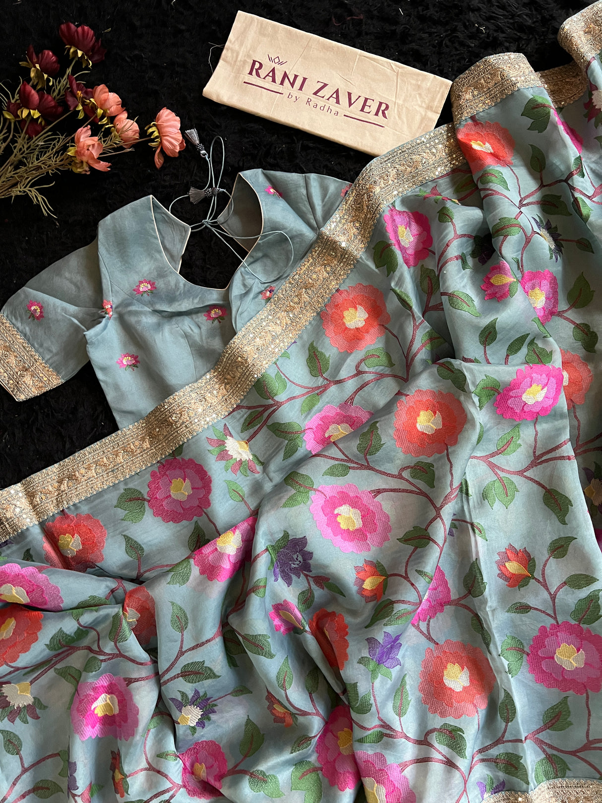 Sky Blue Embroidered Floral Organza