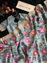 Sky Blue Embroidered Floral Organza