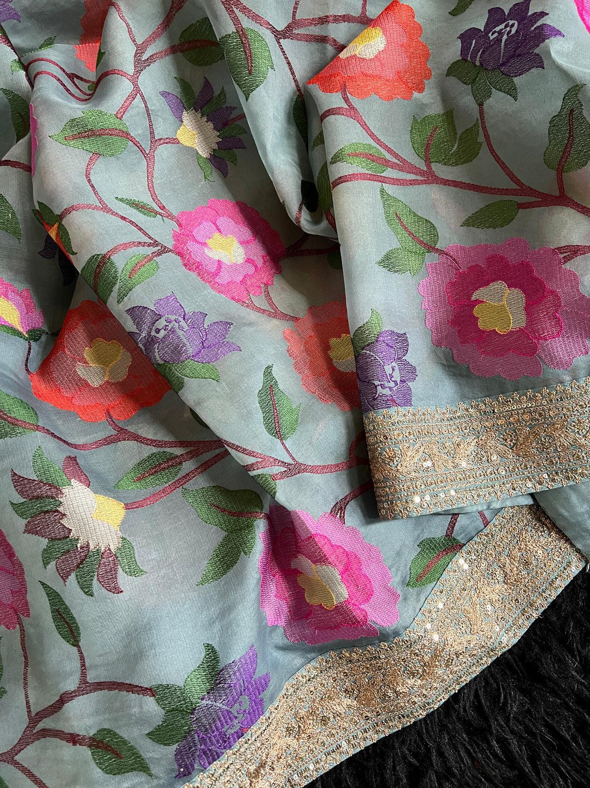 Sky Blue Embroidered Floral Organza