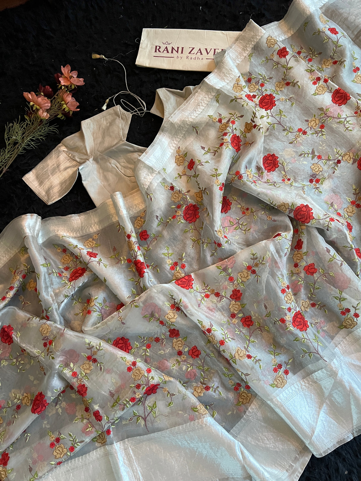 Floral embroidered Silver Tissue Kora
