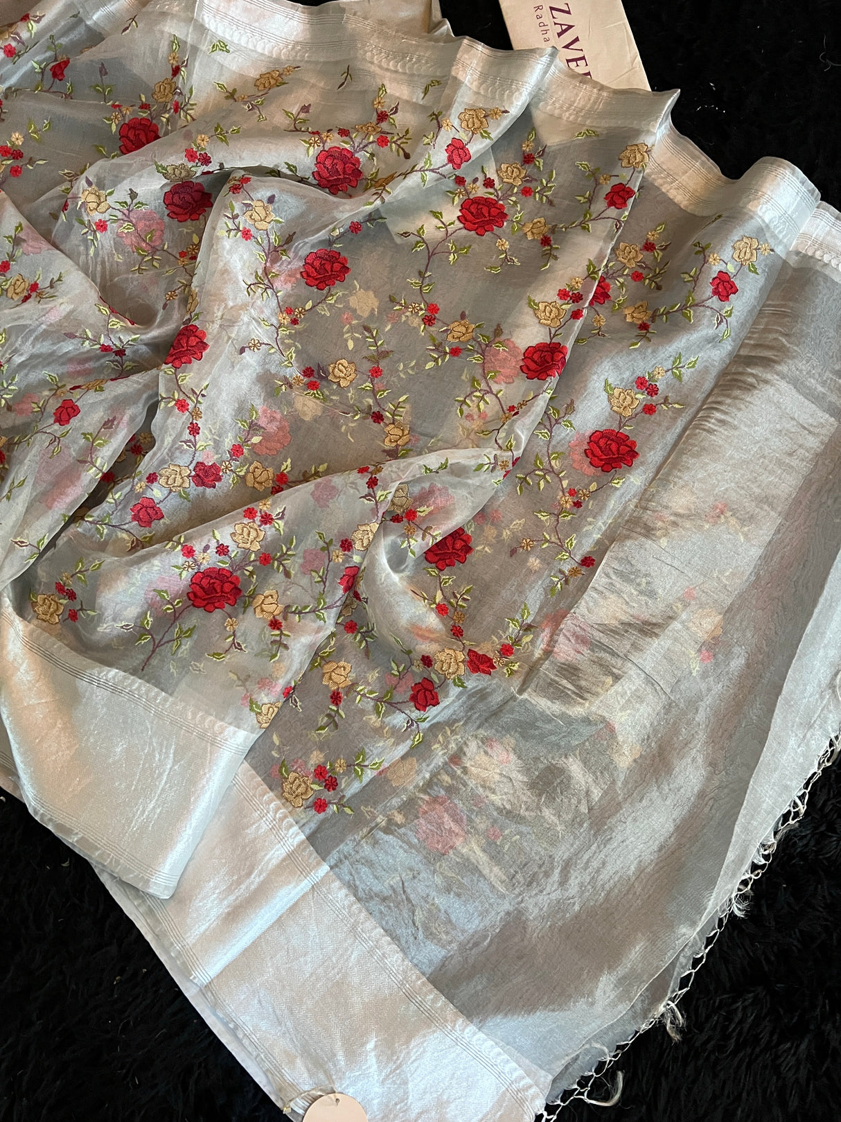 Floral embroidered Silver Tissue Kora