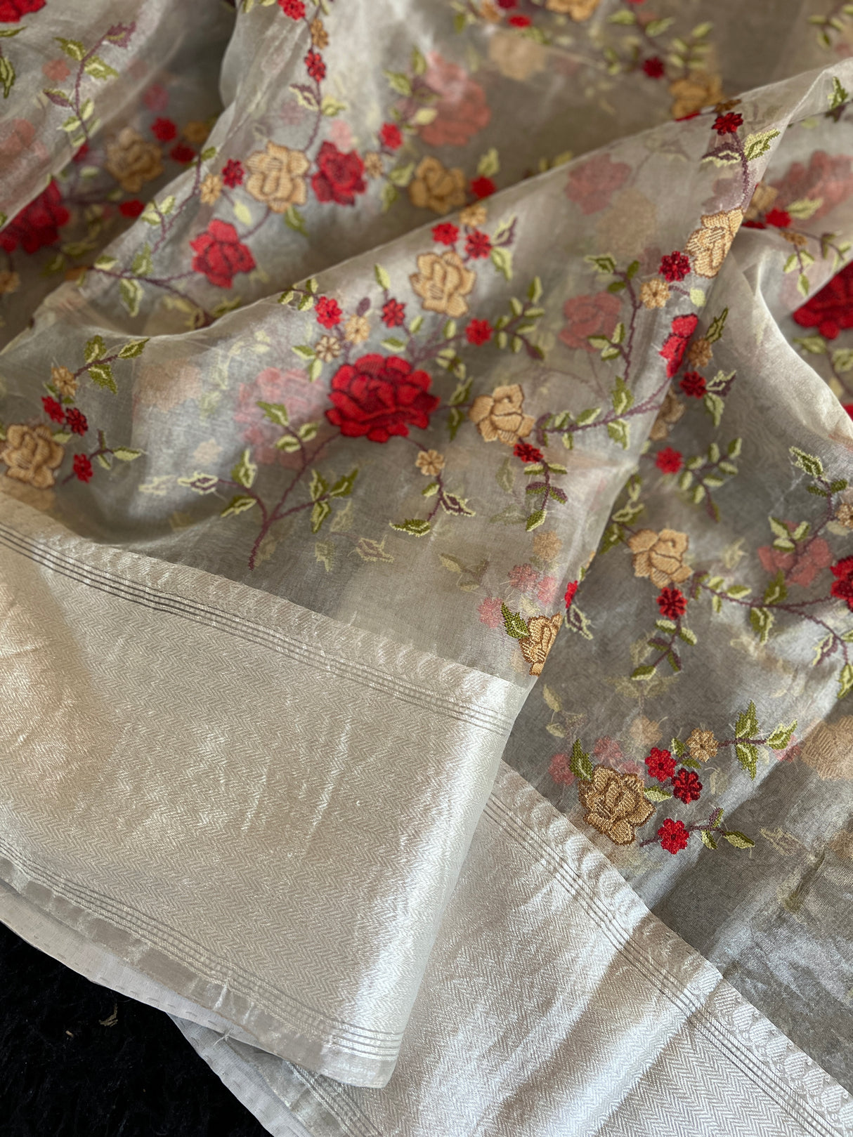 Floral embroidered Silver Tissue Kora