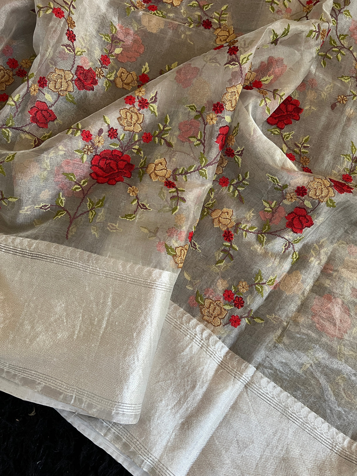 Floral embroidered Silver Tissue Kora