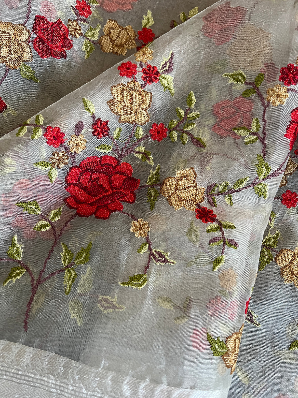 Floral embroidered Silver Tissue Kora