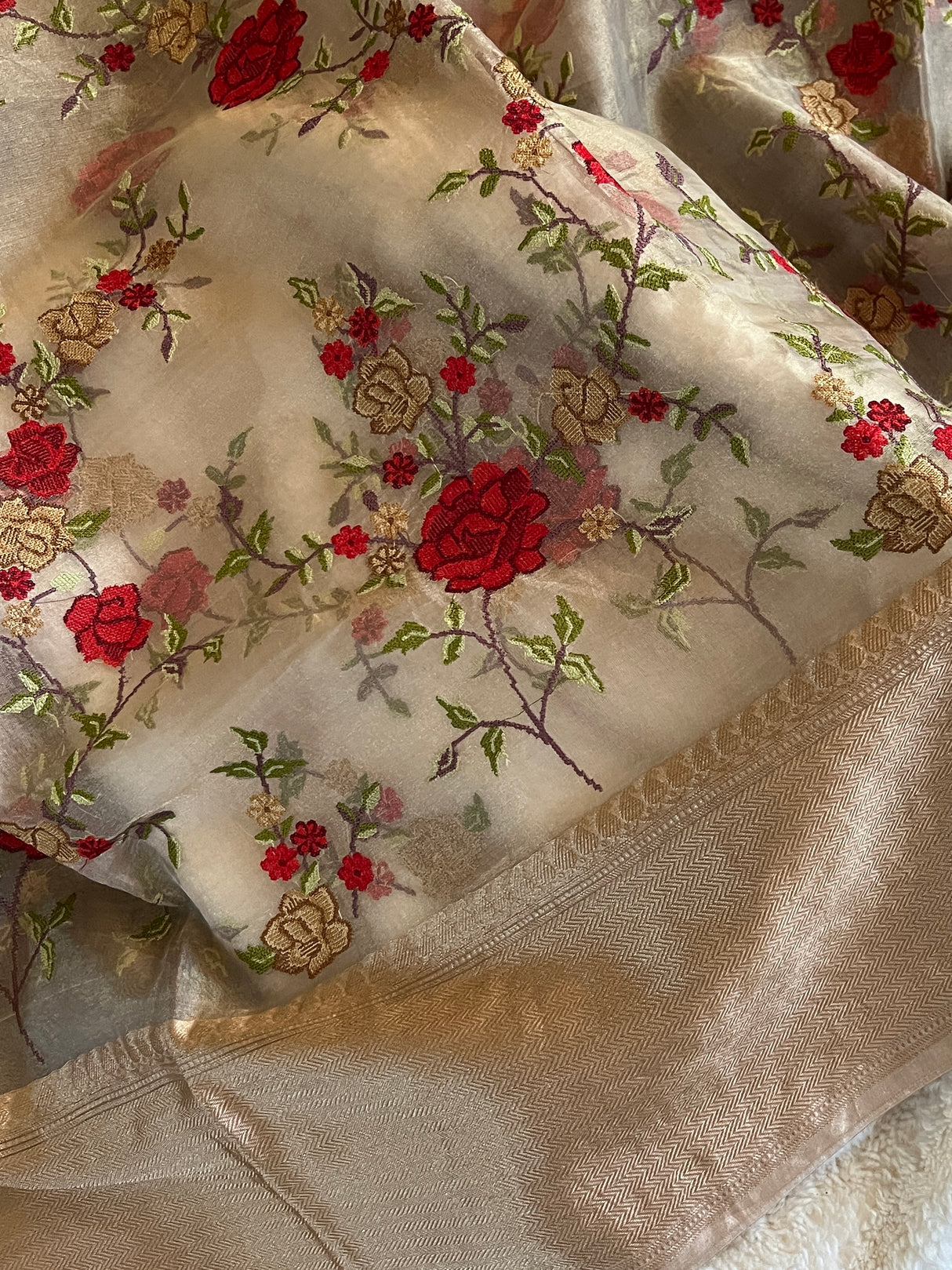 Floral embroidered Gold Tissue Kora