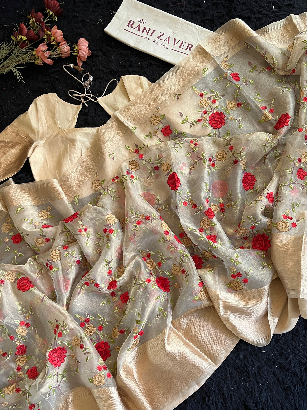 Floral embroidered Gold Tissue Kora