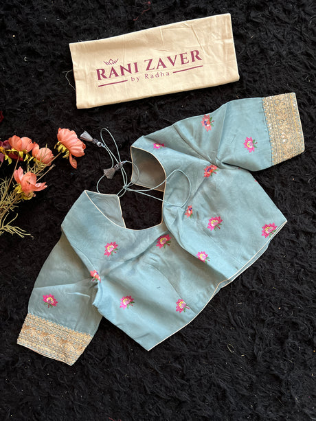 Sky Blue Embroidered Floral Organza