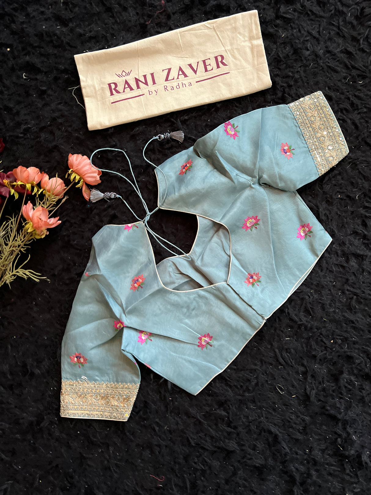 Sky Blue Embroidered Floral Organza