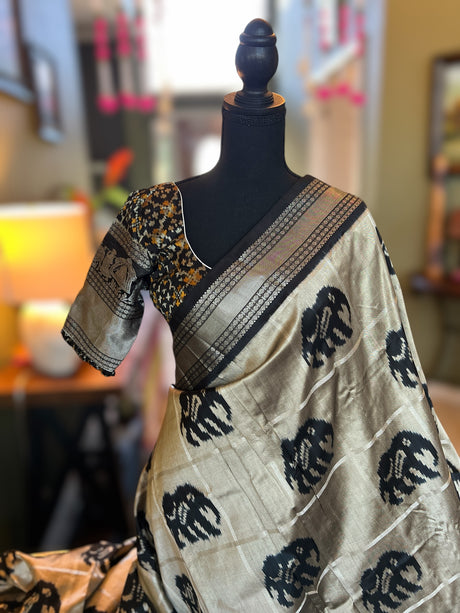 Ikkat kanchipuram silk saree with blouse