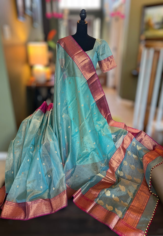 Chanderi tissue silk saree sky blue 