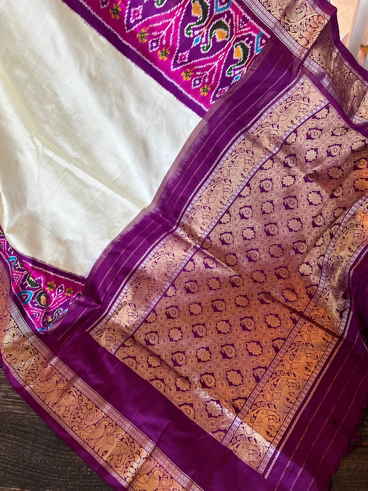 Ikkat kanchipuram saree purple and white combo