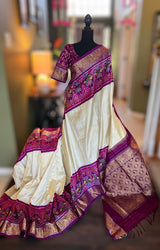 Ikkat kanchipuram saree purple and white combo