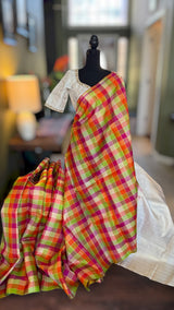 Kora Kanchipuram Pure Silk Multi Colored Checks