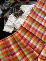 Kora Kanchipuram Pure Silk Multi Colored Checks