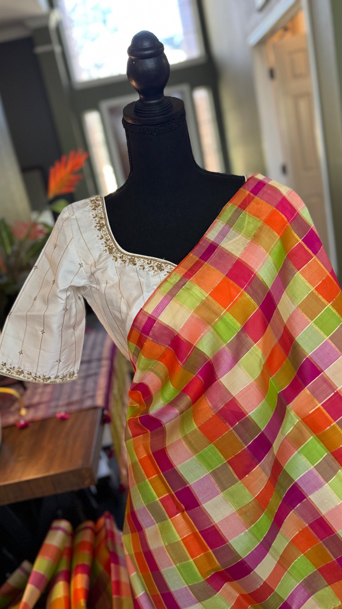 Kora Kanchipuram Pure Silk Multi Colored Checks