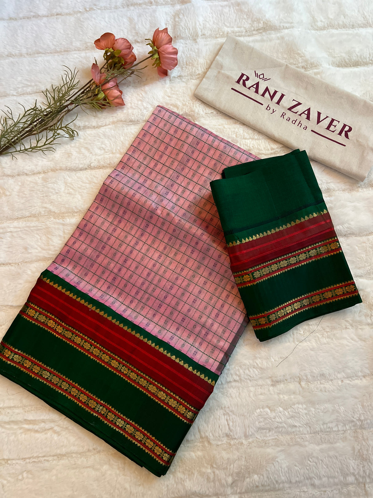 kanjeevaram silk cotton saree baby pink and green combo