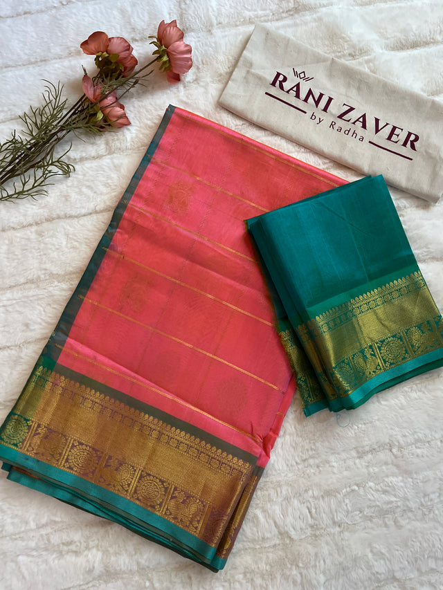  kanjeevaram silk cotton saree light pink and green combo