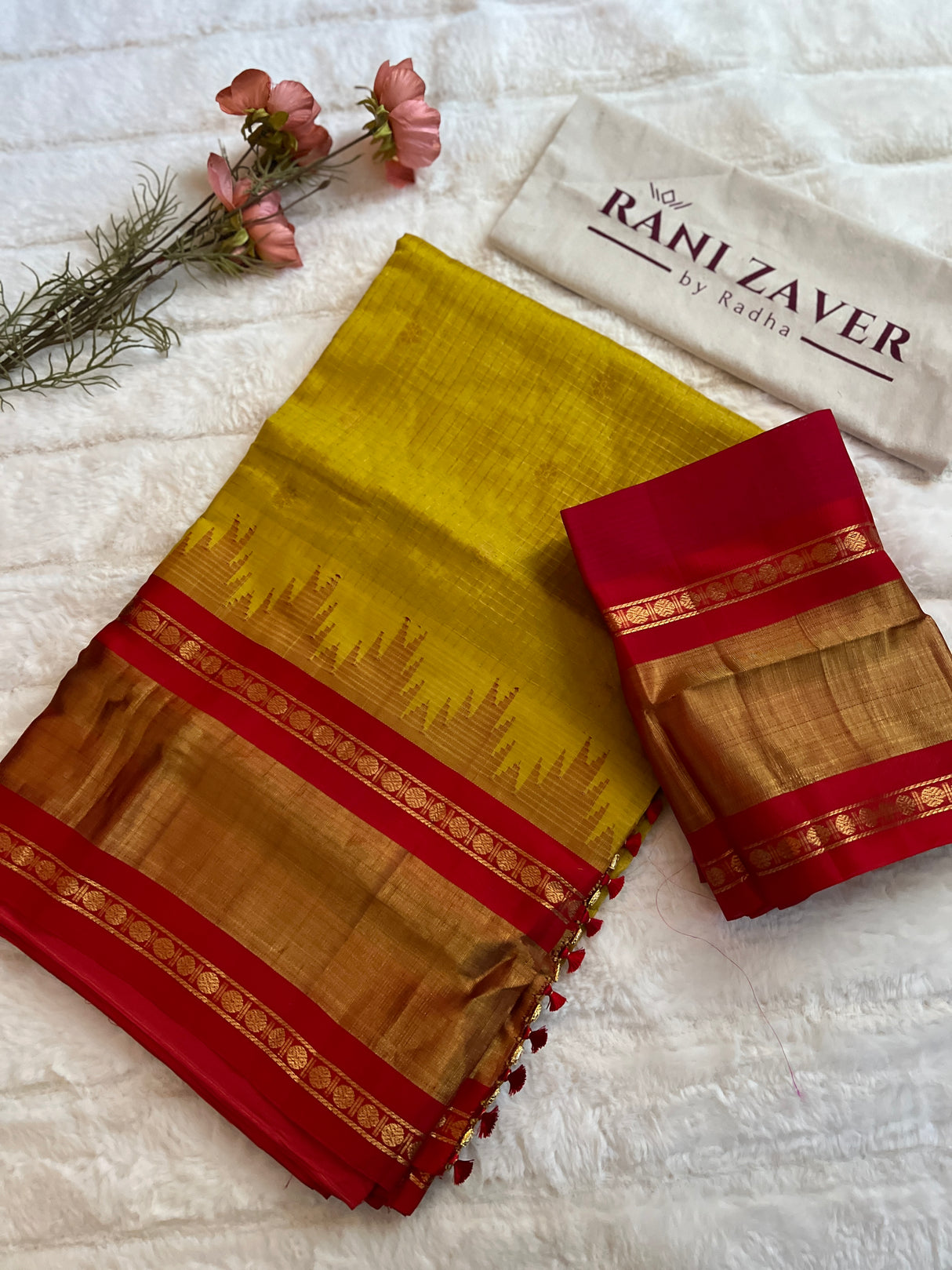 kanjeevaram silk cotton saree mustard and red combo