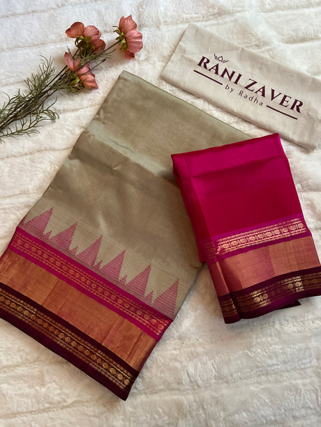  kanjeevaram silk cotton saree grey and pink combo