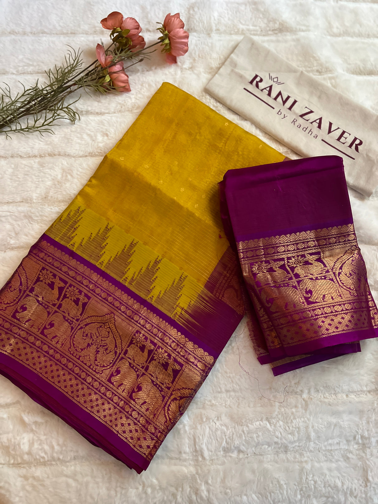 kanjeevaram silk cotton saree yellow and purple combo