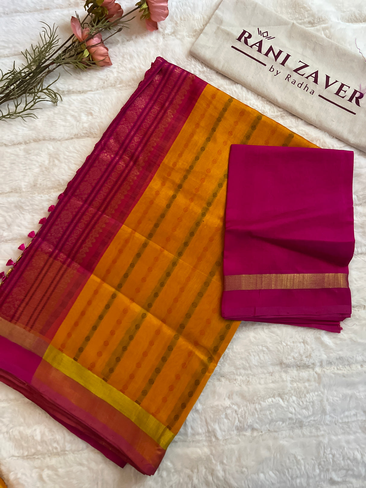 kanjeevaram silk cotton saree yellow and pink combo