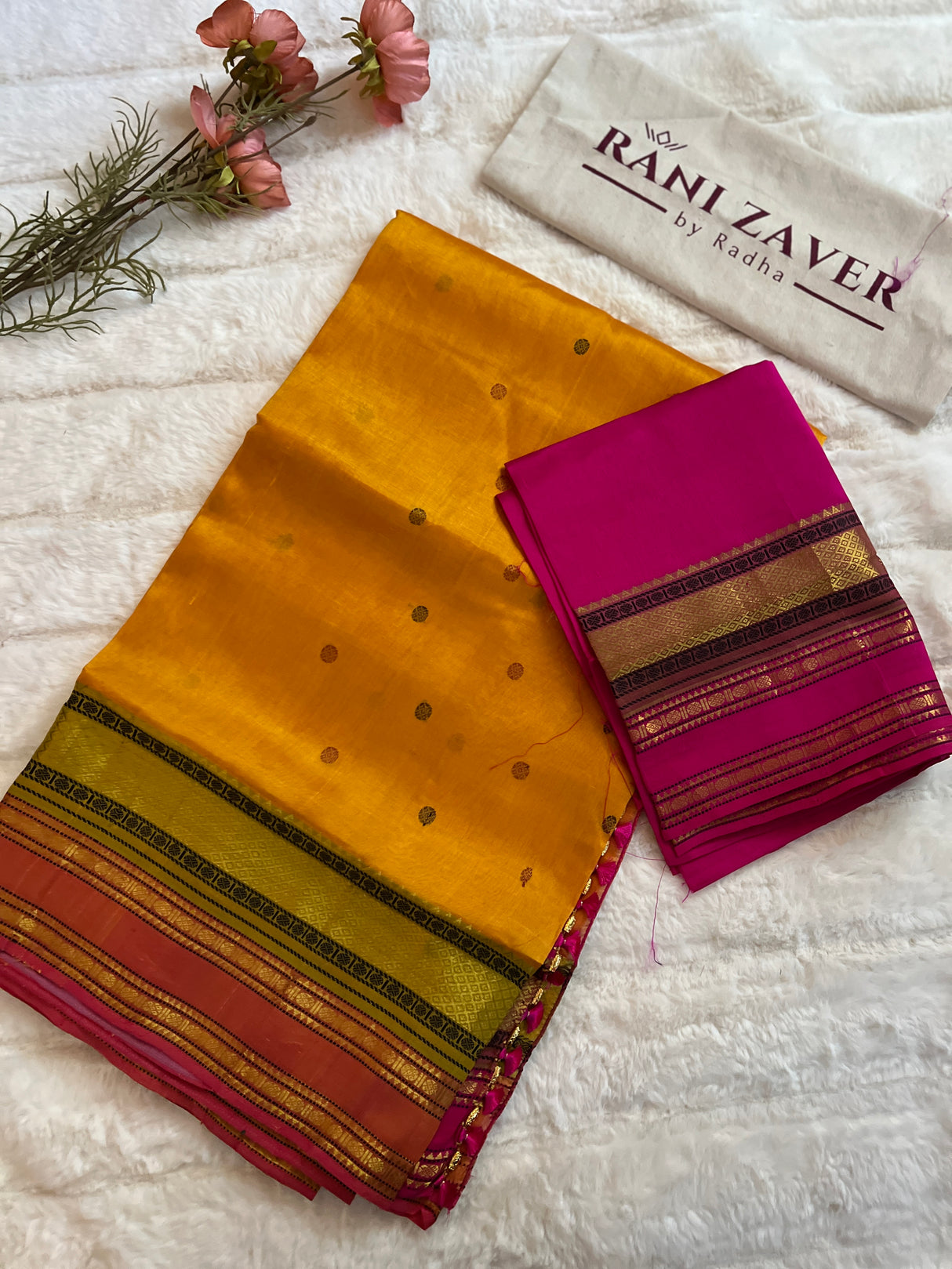 kanjeevaram silk cotton saree mustard and pink combo