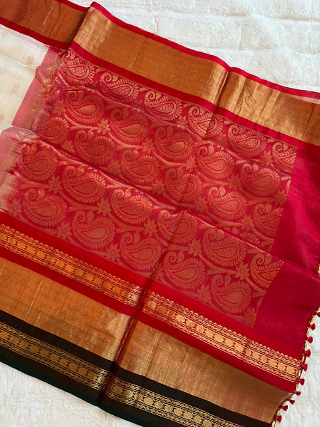  kanjeevaram silk cotton saree cream and maroon combo