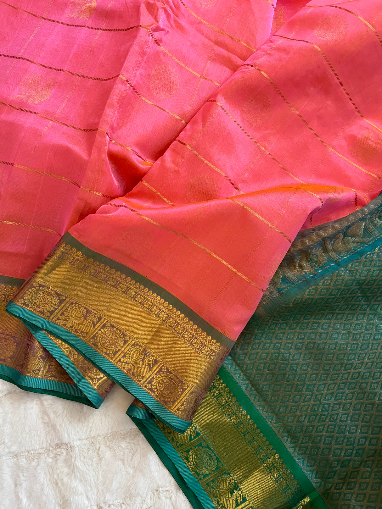 kanjeevaram silk cotton saree light pink and green combo