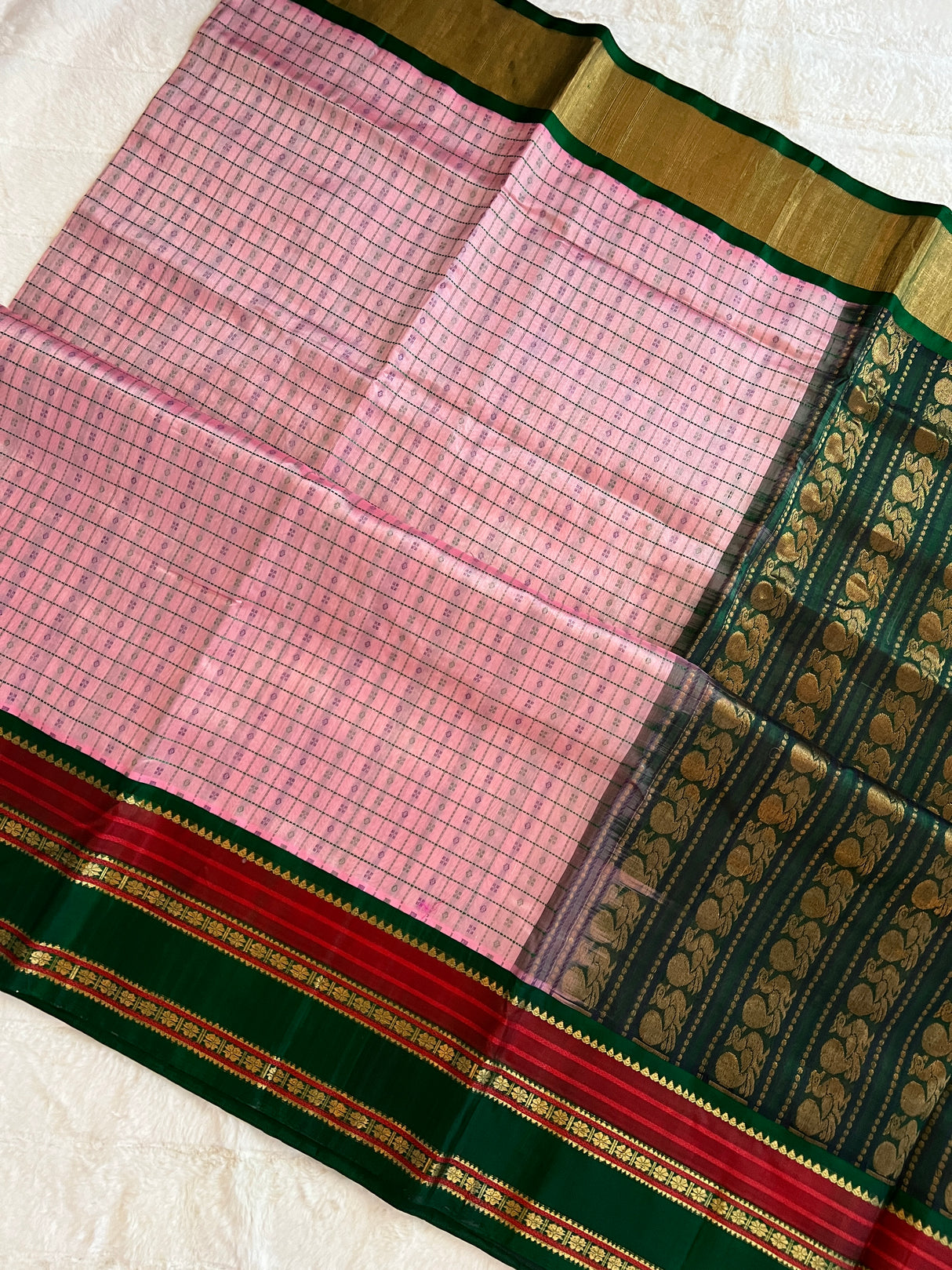  kanjeevaram silk cotton saree baby pink and green combo