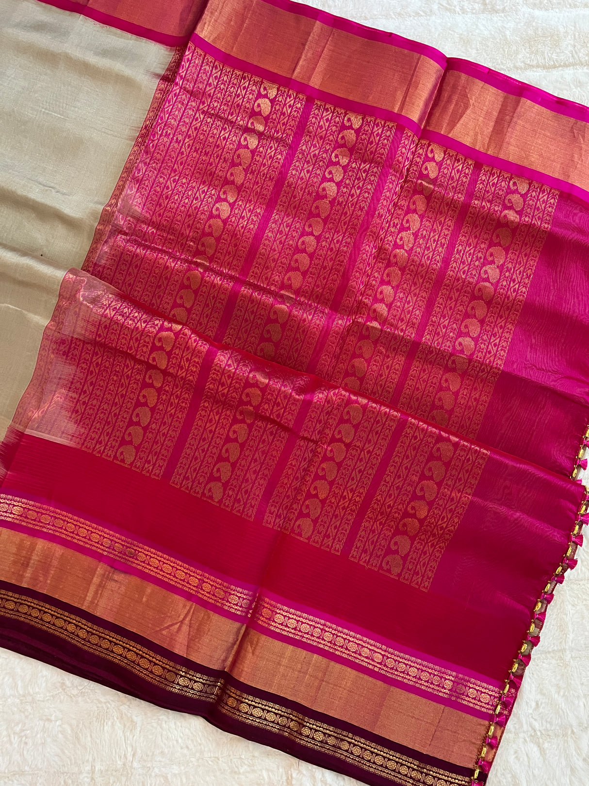  kanjeevaram silk cotton saree grey and pink combo