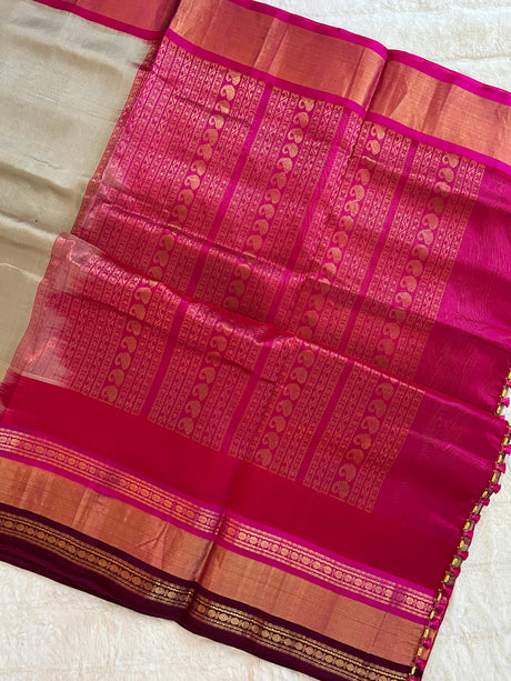  kanjeevaram silk cotton saree grey and pink combo