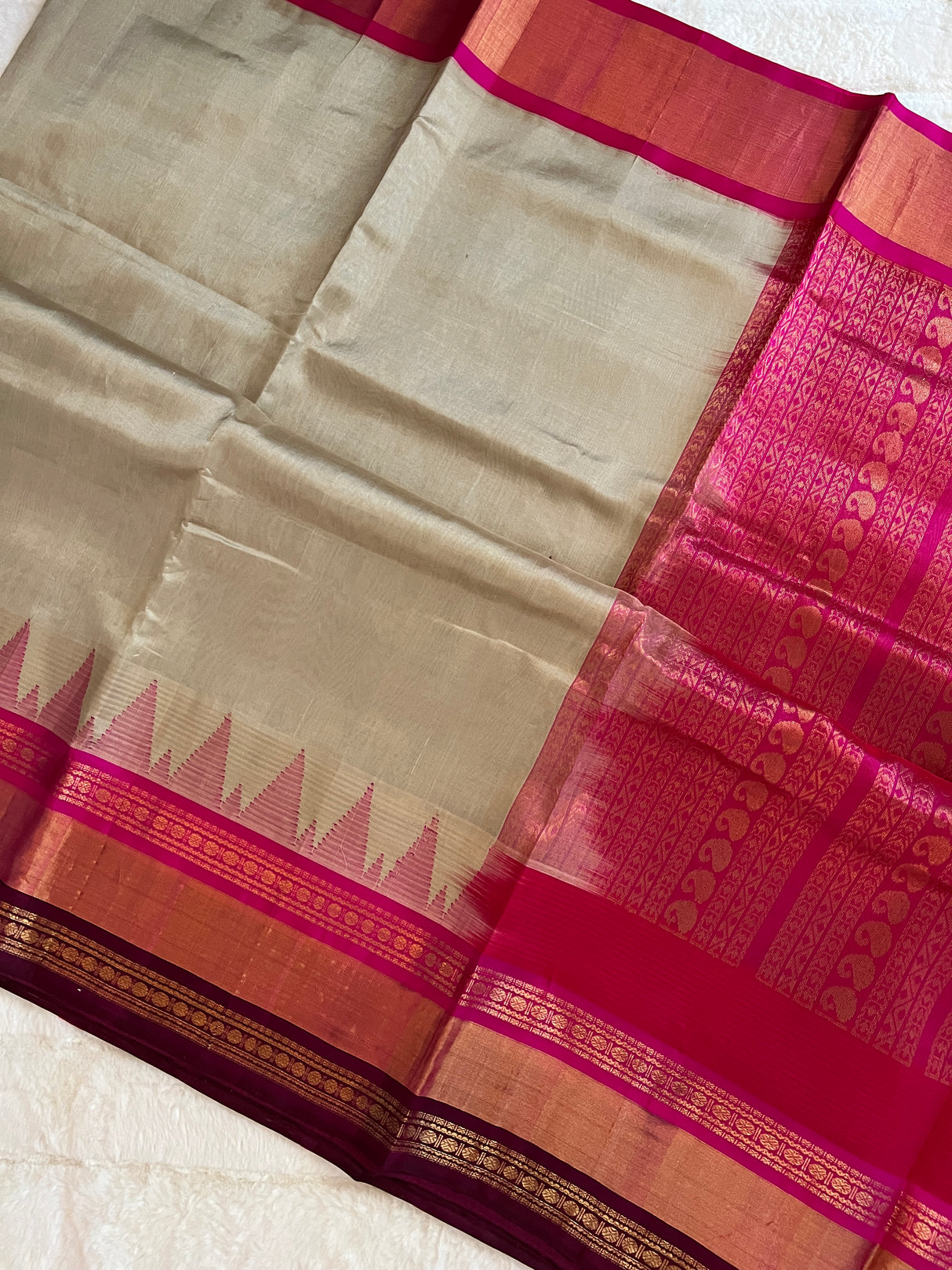  kanjeevaram silk cotton saree grey and pink combo