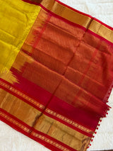  kanjeevaram silk cotton saree mustard and red combo