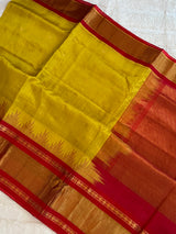  kanjeevaram silk cotton saree mustard and red combo