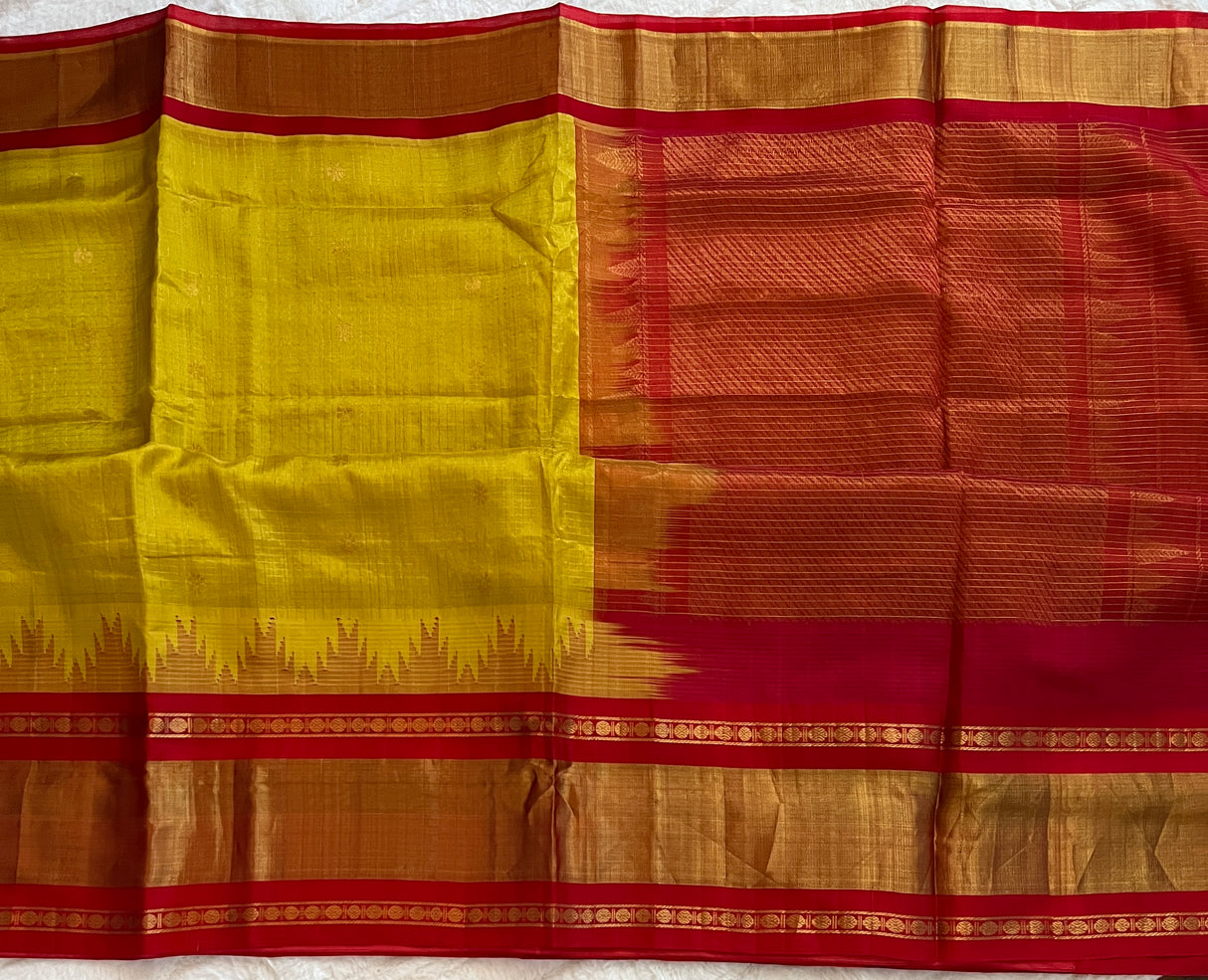  kanjeevaram silk cotton saree mustard and red combo