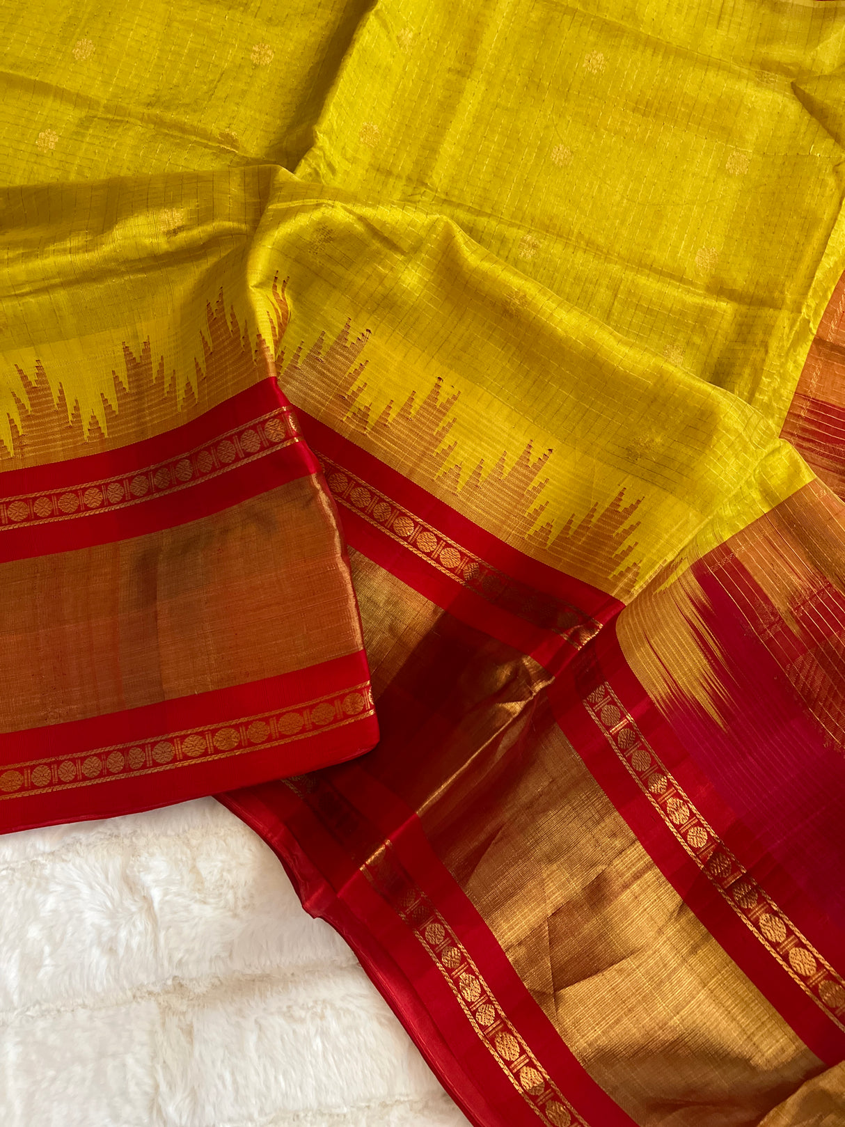  kanjeevaram silk cotton saree mustard and red combo