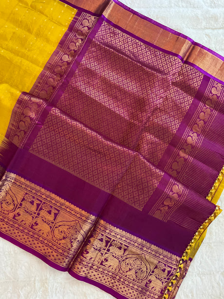 kanjeevaram silk cotton saree yellow and purple combo