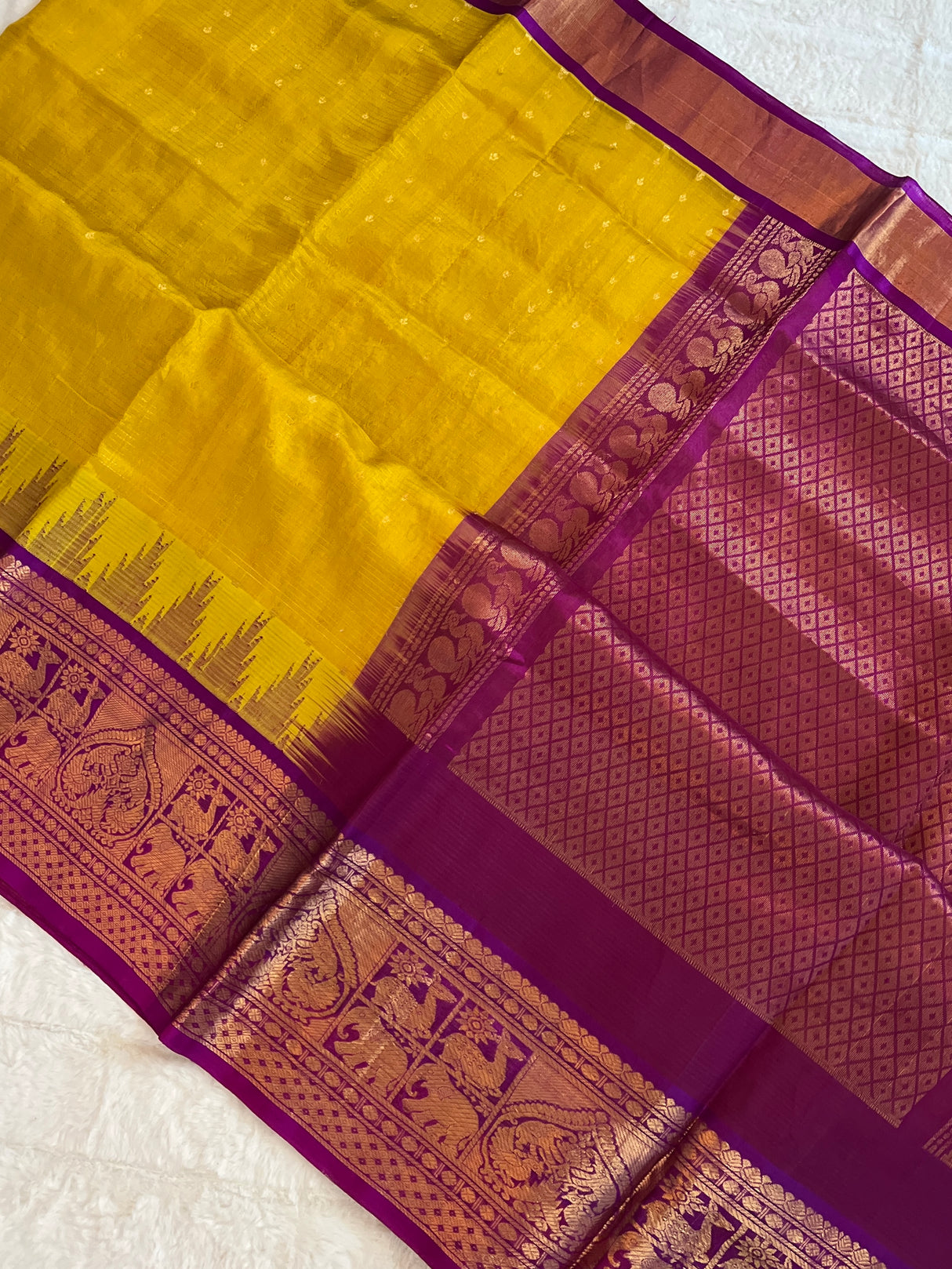 kanjeevaram silk cotton saree yellow and purple combo