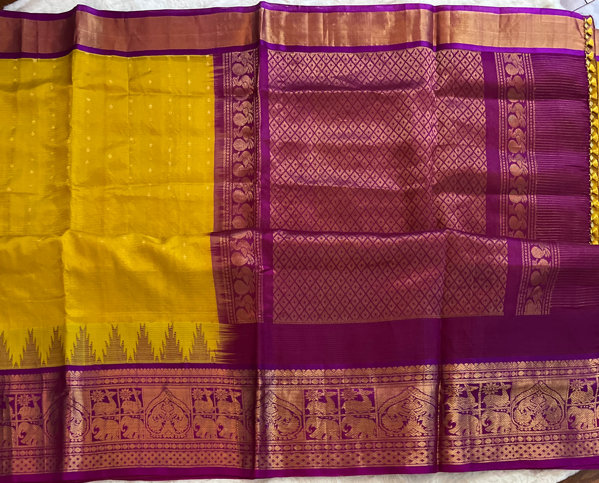 kanjeevaram silk cotton saree yellow and purple combo