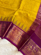 kanjeevaram silk cotton saree yellow and purple combo