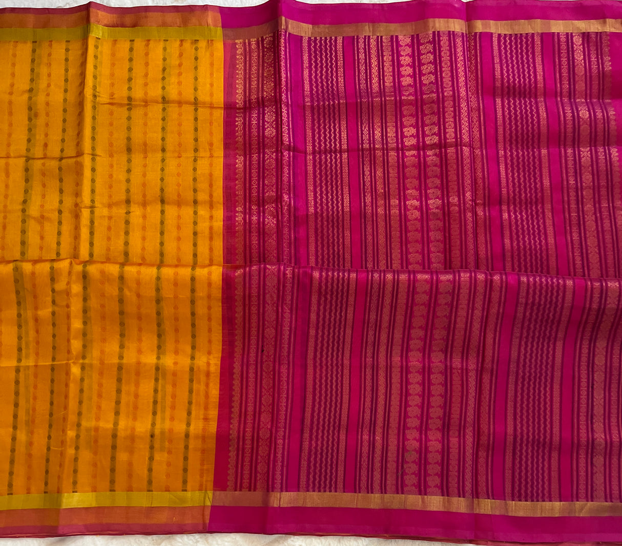 kanjeevaram silk cotton saree yellow and pink combo