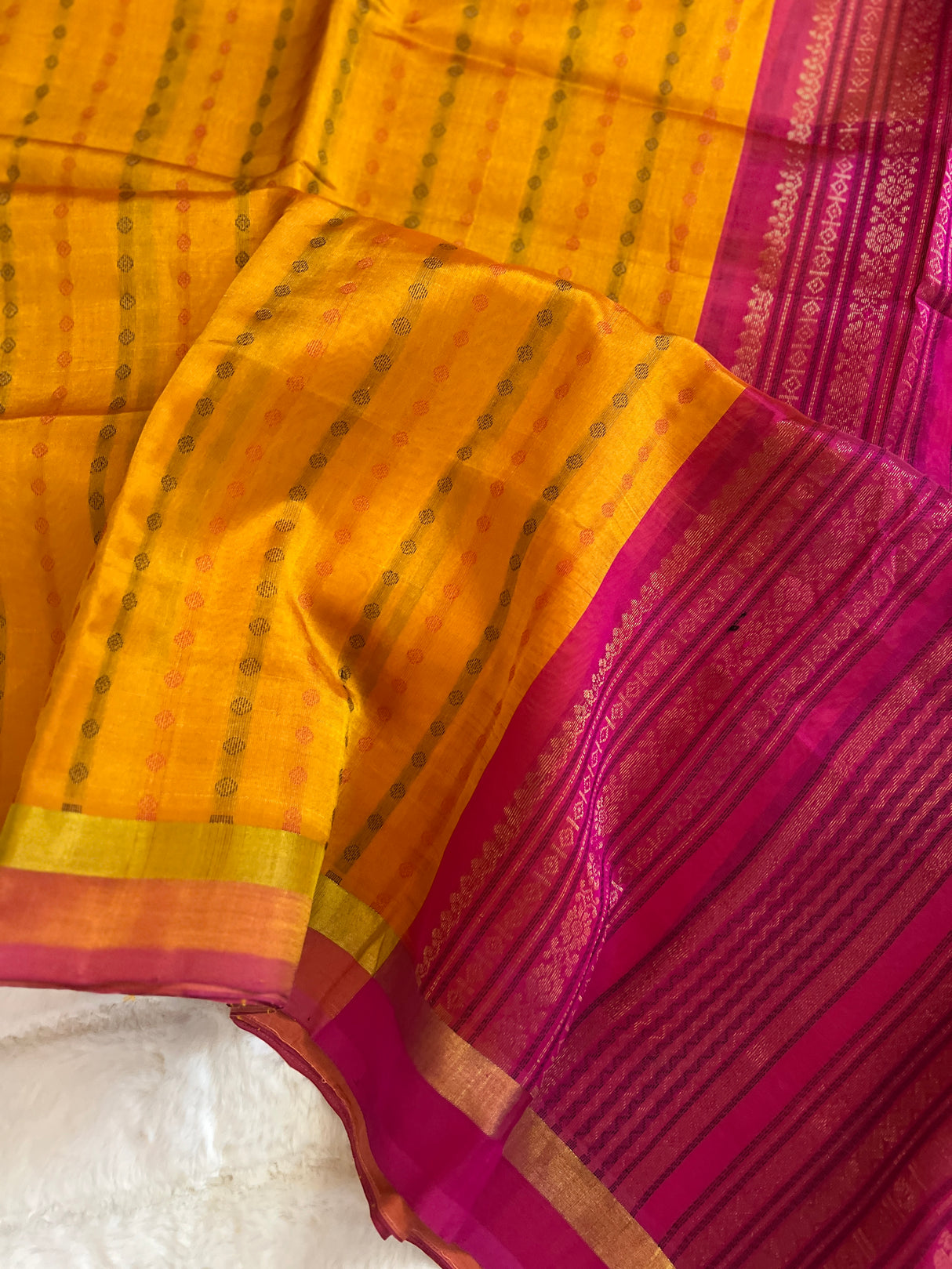 kanjeevaram silk cotton saree yellow and pink combo