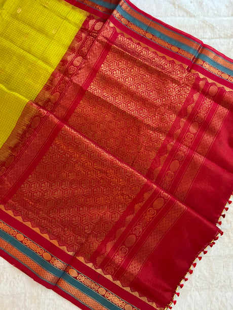  kanjeevaram silk cotton saree red and green combo