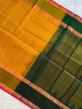 kanjeevaram silk cotton saree mustard and green combo