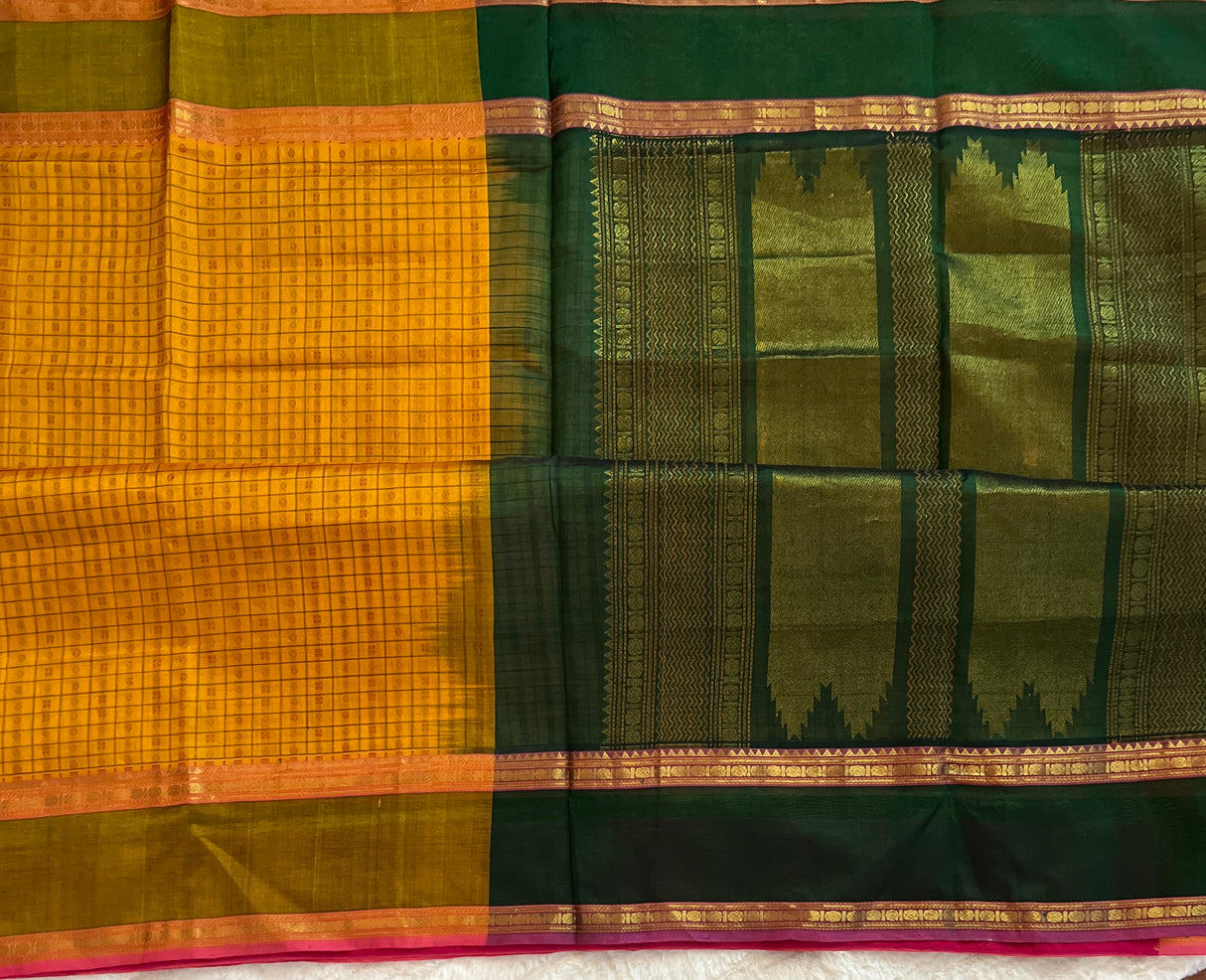 kanjeevaram silk cotton saree mustard and green combo