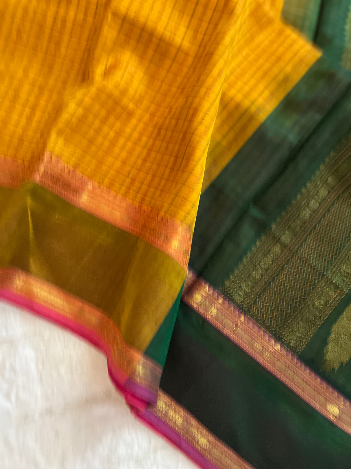 kanjeevaram silk cotton saree mustard and green combo