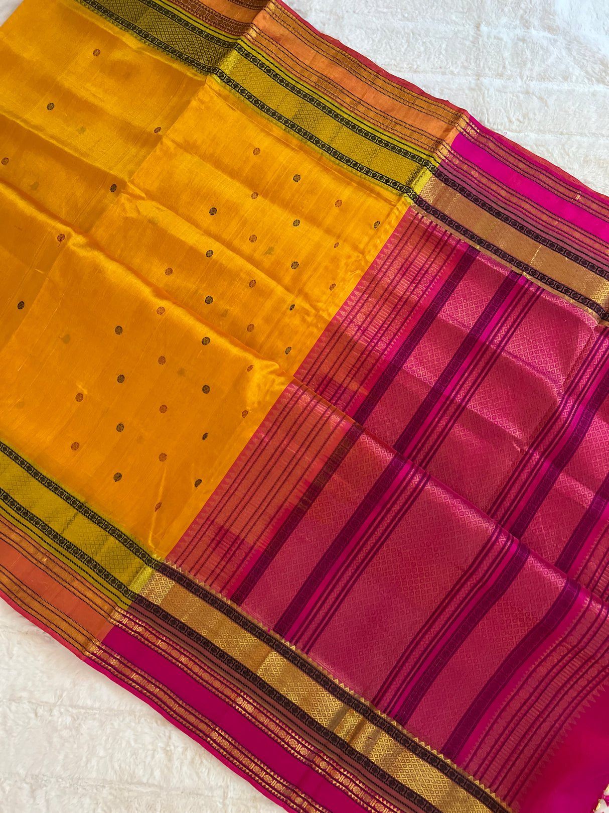  kanjeevaram silk cotton saree mustard and pink combo