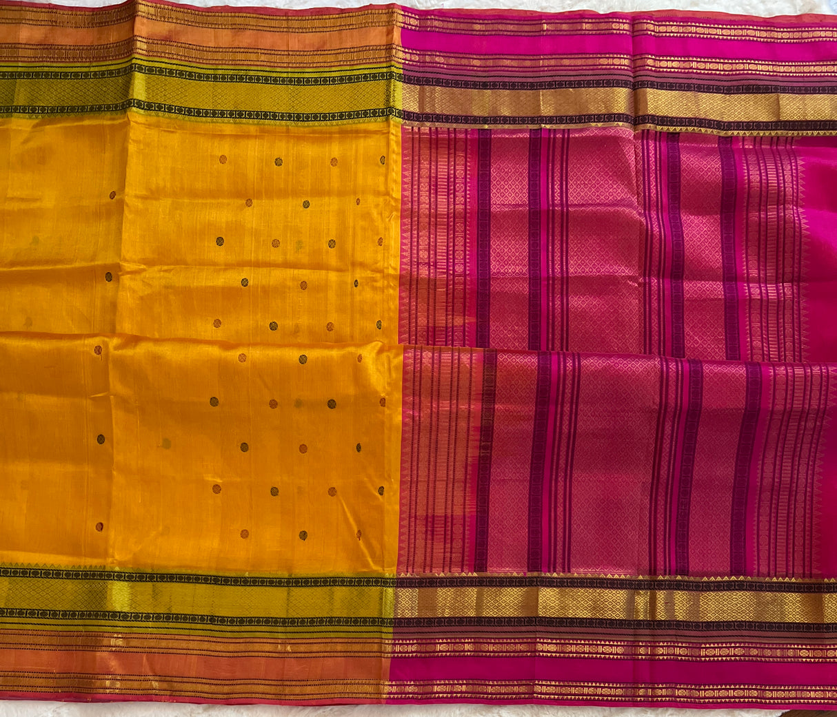  kanjeevaram silk cotton saree mustard and pink combo