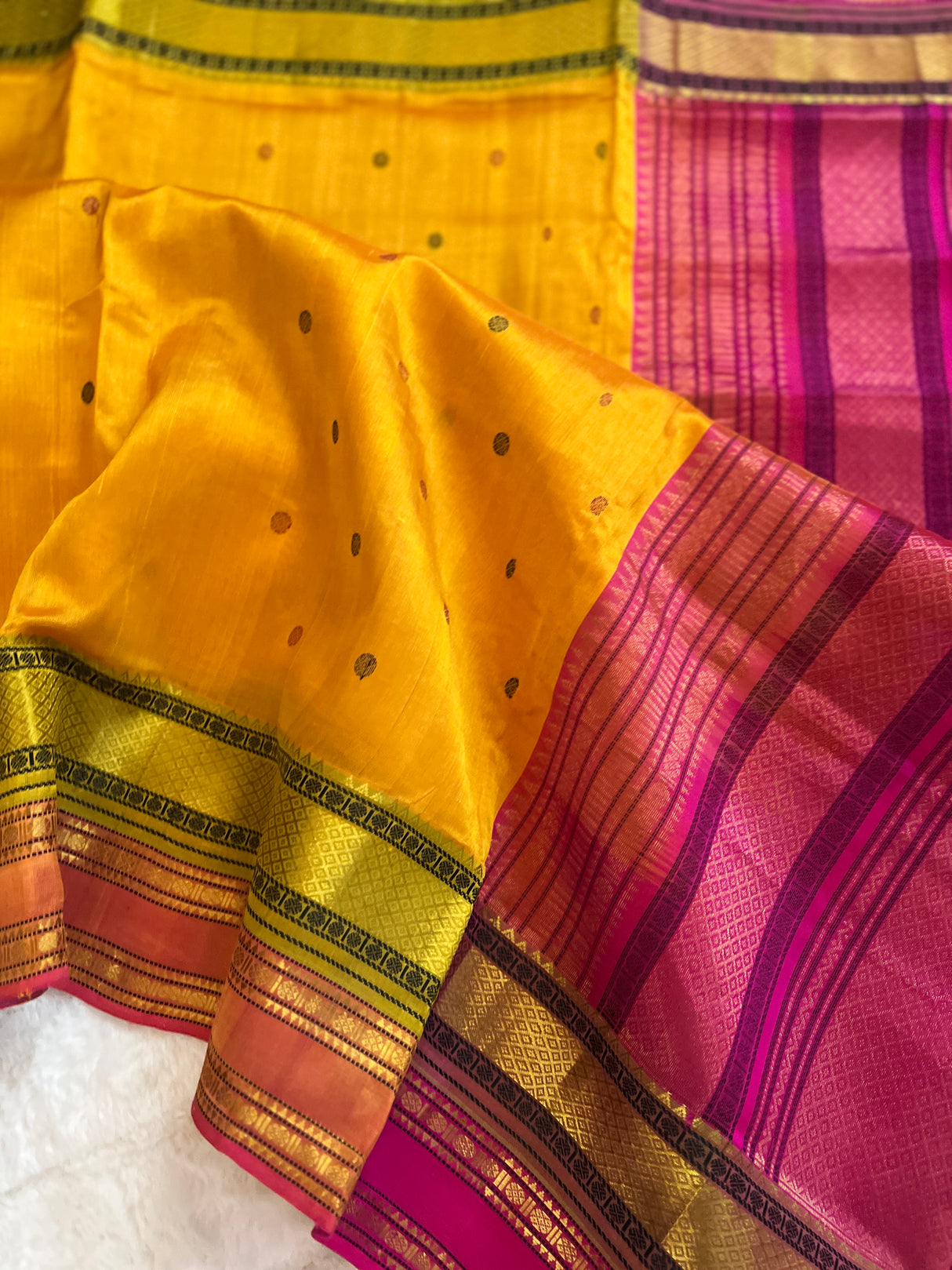  kanjeevaram silk cotton saree mustard and pink combo