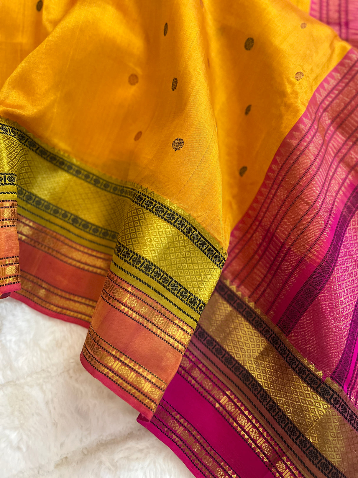  kanjeevaram silk cotton saree mustard and pink combo